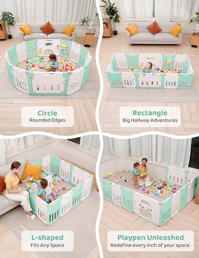 Dripex Baby Playpen, 14-Panel Foldable Playard for Toddlers 6-36 Months, Adjustable & Portable Indoor Outdoor Safety Play Area with Anti-Pinch Design, Game Panel and Safety Gate, Light Green White