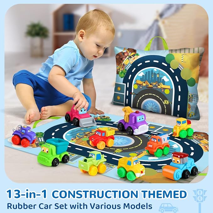 bessome Soft Rubber Cars Toy for 1+ Year Old Boy with Playmat (Storage Bag)|12 PCS Construction Cars Baby Toys for Toddler Toys Age 18 Months |First Birthday Gift for 2 3 Year Old Boy