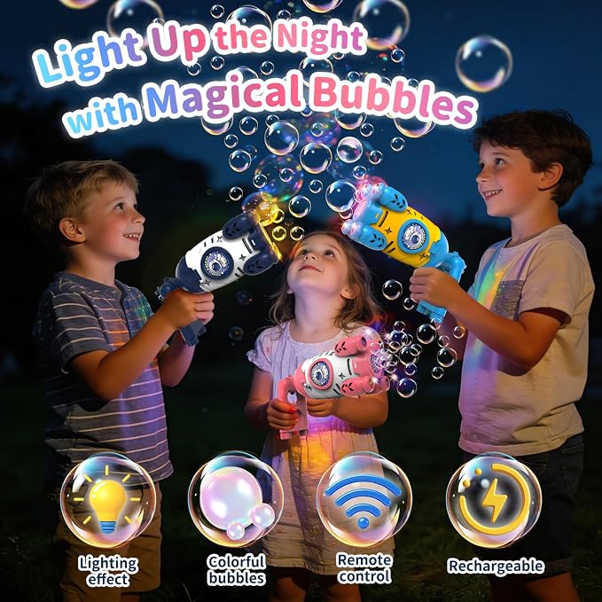 Bubble Gun for Kids, Automatic Rocket Bubble Machine, Handheld & Bicycle Use, Rechargeable Bubble Blower with Solution & LED Light, Summer Outdoor Toy, Gift for Boys Girls Age 3 4 5 6 7 8-12(Yellow)
