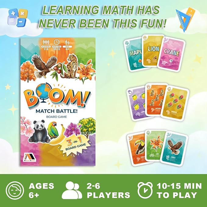 Boom Match Battle Board Game Ages 6+ 3-in-1 Board Games for Kids - Math Board Game, Classic Word Games - Family Fun for Kids & Adults - Card Games - Learning Activities - 3 in 1 Board Games for Kids