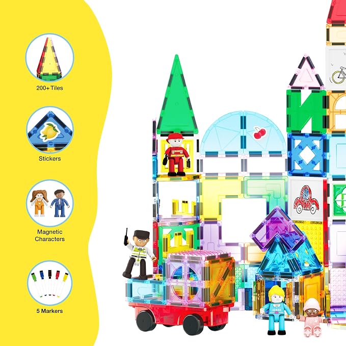 PicassoTiles Mega Magnetic Building Block 350 Piece Set Magnet Tile Construction Blocks with Car Base, Character Figures, Markers, Whiteboard, 110+ Page Ideabook Included for Ages 3 Up STEM Learning