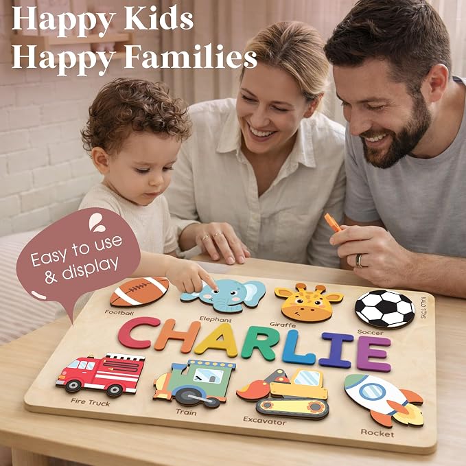 Personalized Name Puzzle for Toddlers 1-3, Custom Wooden Name Puzzle Gift for Baby Girls Boys, Personalized Baby Shower & First Birthday Gift, Montessori Learning Toy, CPC Certified (Animal Puzzle)
