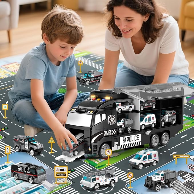 Toddler Boys Police Car Toy Set: Police Truck for Boy 3 4 5 6 Years Old | with Play Mat and Die-Cast Toy Car | Birthday Gifts Toys for 3-8 Year Old Boys | Girl Toys with Light and Sound