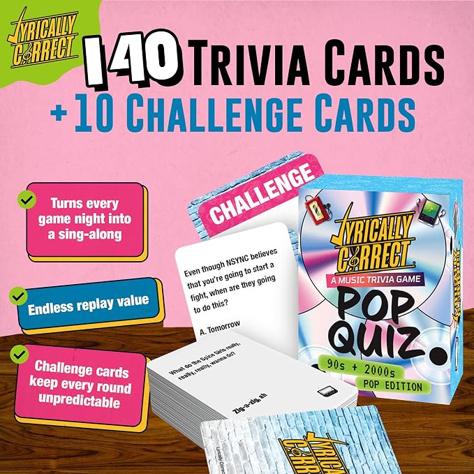 Lyrically Correct 90s & 2000s Pop Music Trivia Card Game for Adults & Families – Finish The Lyrics Party Game for Game Night, Girls Night, Bachelorette Parties & Pop Culture Fans