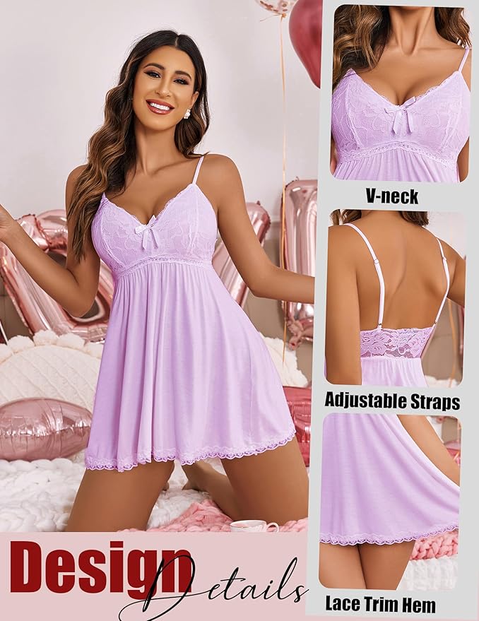 Avidlove Women Nightgown Sexy Sleepwear Lace Chemise V-neck Modal Babydoll Lounge Dress