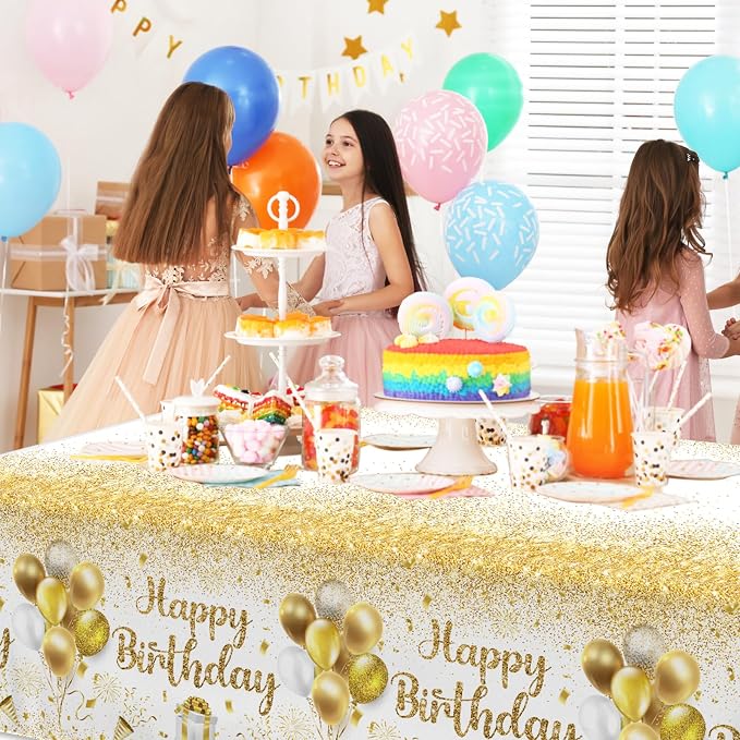 Happy Birthday Tablecloths - Gold & White Party Decorations, 3pcs Disposable Table Covers for Indoor/Outdoor Birthdays
