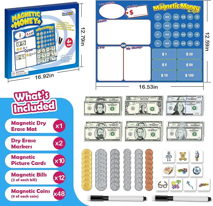 Kasfalci 73 PCS Magnetic Money for Kids for Learning, Math Manipulatives, Learning & Education Toys for Classroom, Pretend Play, Math Games for Toddler, Teacher and Homeschool Supplies