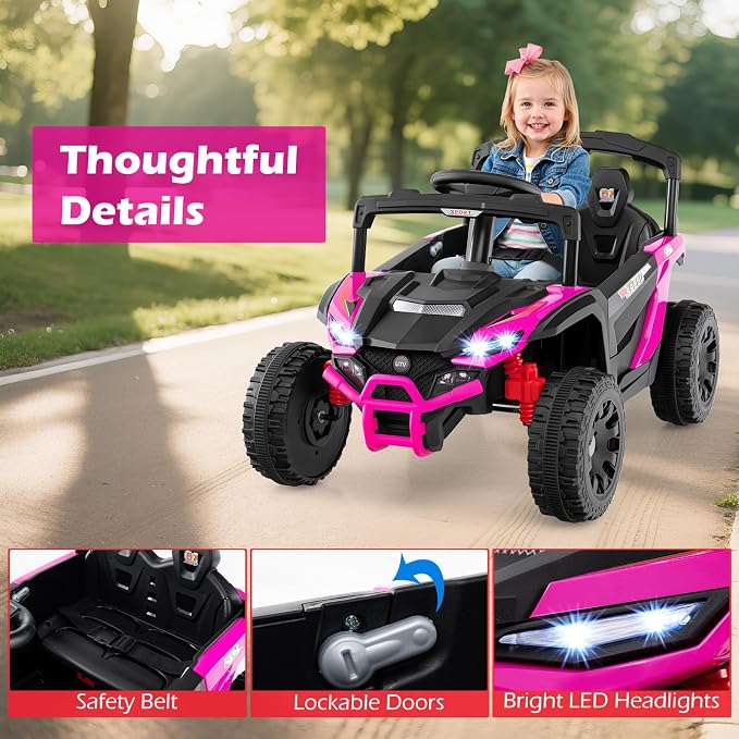 Costzon 12V Kids UTV Ride On Car, Battery Powered Electric Vehicle with Remote Control, 3 Speeds, LED Lights, Music, Horn & Spring Suspension, Off-Road UTV for Boys & Girls 3+ Years Old (Pink)