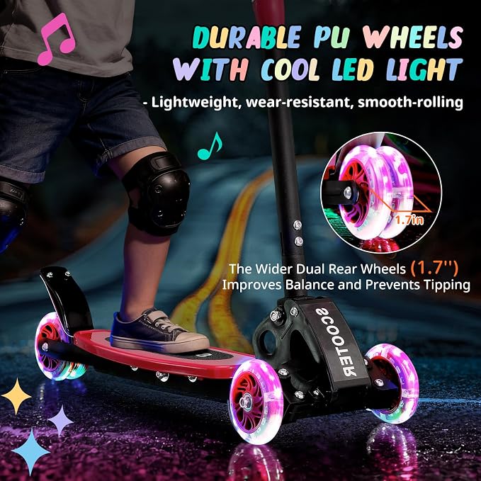 3 Wheel Kids Kick Scooter for Ages 3-12, Lean-to-Steer, Light-Up Wheels, 3-Level Adjustable Handlebar 27.5”-33”, Wide Non-Slip Deck, Dual Rear Brake,Travel Foldable, for Boys & Girls Toy Gifts