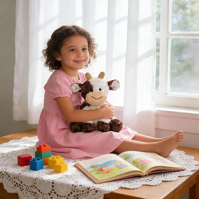 Hopearl Adorable Plush Cow Toy Floppy Dairy Cattle Soft Stuffed Animal Cute Birthday Holiday Gift for Boys Girls Kids Toddlers, Brown, 9''
