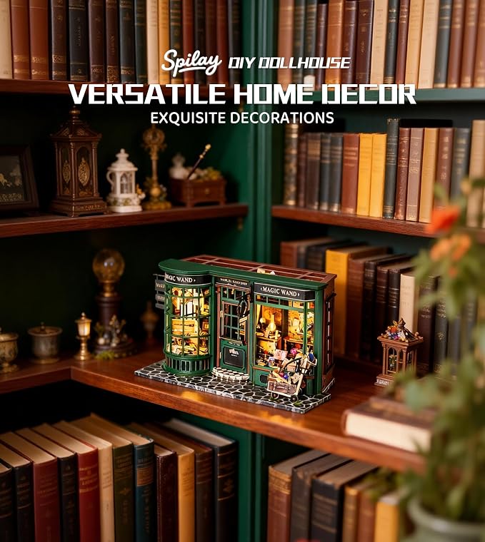 Spilay DIY Miniature Dollhouse Wooden Furniture Kit,Handmade Mini Modern Model Plus with Dust Cover & LED,1:24 Scale Creative Doll House for Lover Friend Gift (Magic House) | With LED Light & Dust Cover, DIY Wooden Craft for Bookshelf Decor, Reading No...
