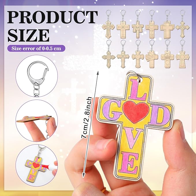 Trnayi 36 Pcs Religious Cross DIY Wooden Keychain Crafts Color Your Own Cross Wood Keychains Unfinished Sunday School Christian Gifts Blank Love God Kits for Art Easter Party Home Activities
