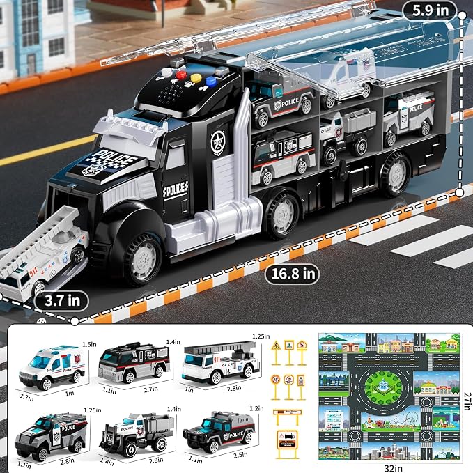 Toddler Boys Police Car Toy Set: Police Truck for Boy 3 4 5 6 Years Old | with Play Mat and Die-Cast Toy Car | Birthday Gifts Toys for 3-8 Year Old Boys | Girl Toys with Light and Sound