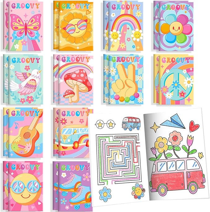 BenLouis 24 Pcs Hippie Boho Mini Coloring Books Kids Retro Daisy Party Favors Small Activity Books Bulk for Kids Two Groovy Goodie Bags Stuffers Return Gifts Classroom Travel
