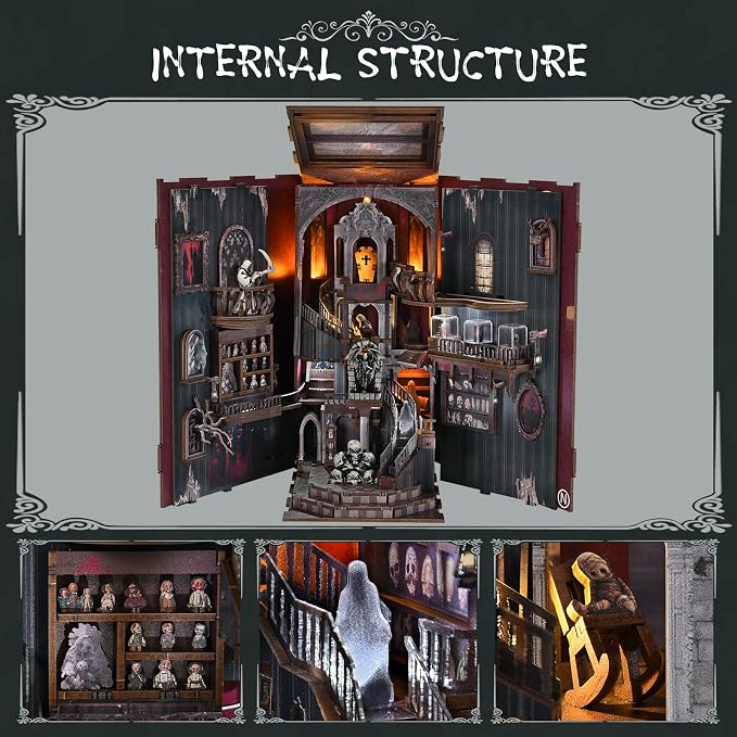 CCCDF Book Nook Kit, DIY Miniature Dollhouse, Library Booknook Kit Bookend Bookshelf with LED Light for Adults Teens (Haunting Relics)