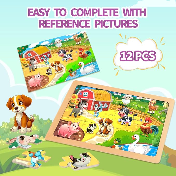 Wooden Puzzles for Toddler Ages 3+, 12 Piece Vehicle Farm Space Ocean Jigsaw Puzzles for Kids 4 Packs, Preschool Toddlers Learning Activity Puzzles Toys for Boys Girls 3 4 5 6 Years Old