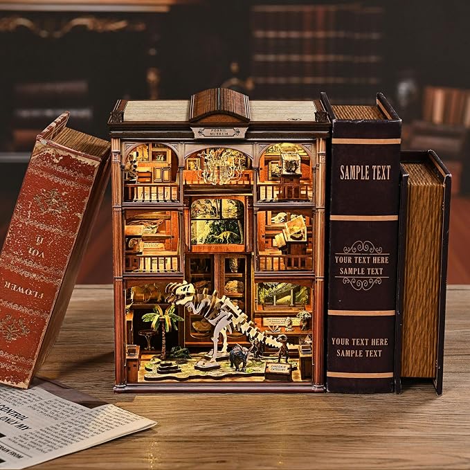 DIY Book Nook,with LED Light Bookshelf Decor, DIY 3D Wooden Dollhouse Puzzle, Craft Kit for Adults (Fossil Museum)