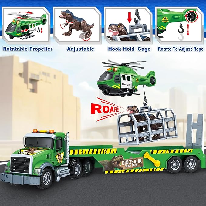 Bstoyder Toddler Boy Toys for 3 4 5 6 7 Years Kids, 21" Semi Flatbed Truck Toy with a Dinosaure Truck, Friction Powered Vehicles Toys with Lights and Sounds, Birthday for Boy Girls