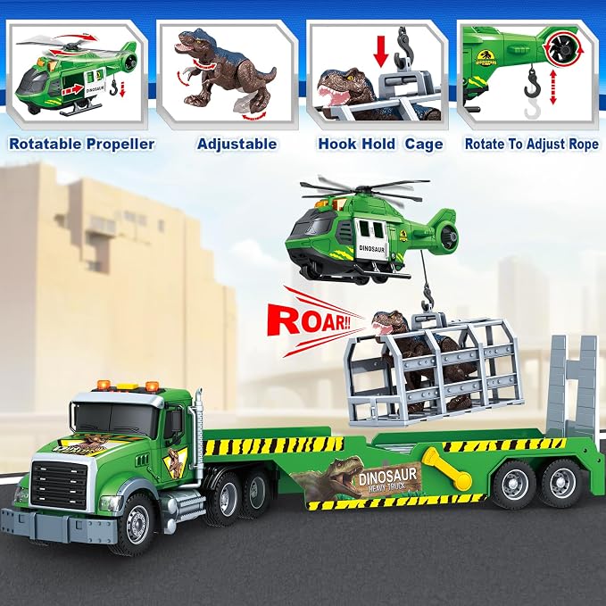 SpringFlower Carrier Dino Truck Kids Toys, 24“ Semi Truck Toy with Helicopter & Dino Toy with Lights, Sounds, Vehicle Toy for Toddlers 3 4 5 6 7, Birthday Gifts for Kids