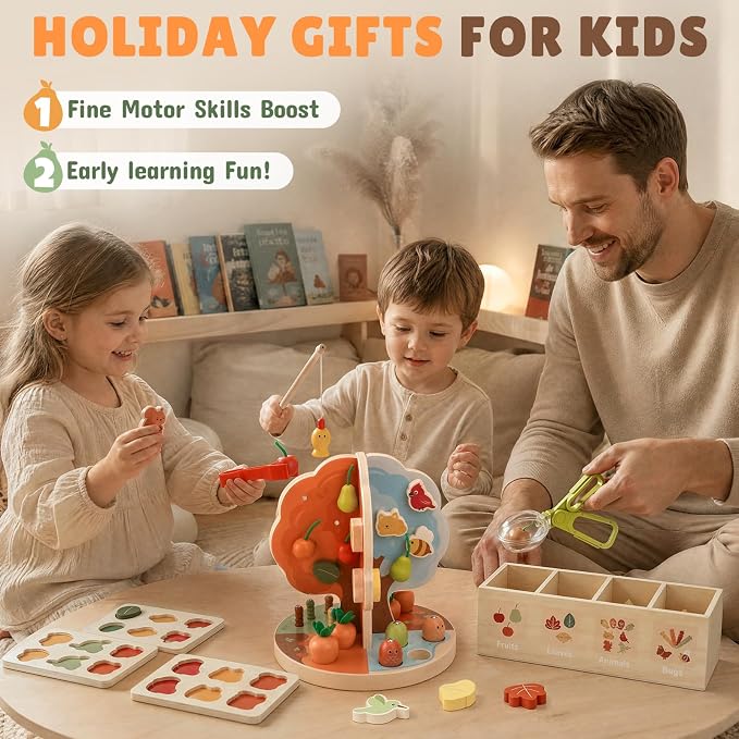 Joyreal Montessori Toys for 3-5 Year Old - 9-in-1 Wooden Magnetic Apple Tree Toy with Radish Pulling Fishing Game, Fine Motor Skills Sensory Educational Toy for Toddlers, Preschool Gift for Boys Girls