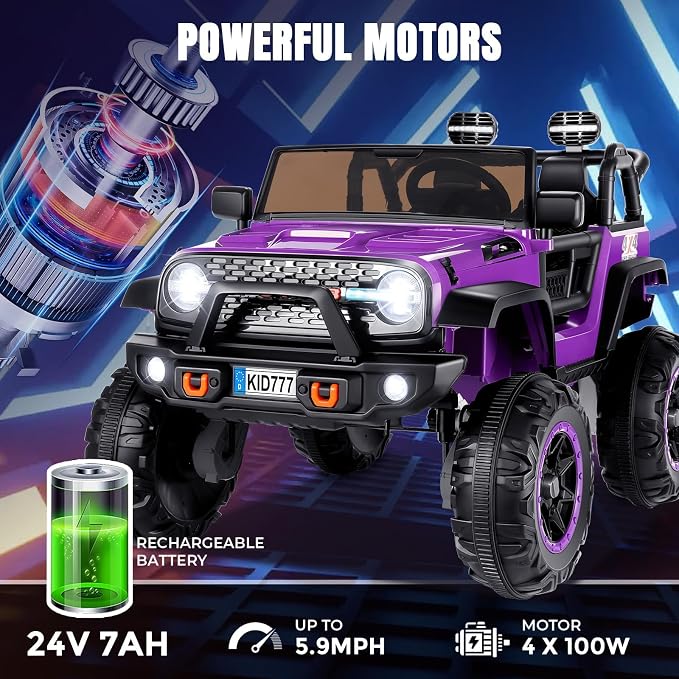 Hikole 24 Volt 4WD/2WD Switchable Ride on Toy Car, 2 Seater Battery Powered Car for Big Kids with Remote Control, 4X100W Power Car Wheels for Girls, Music, 20" Wide Seat, LED Lights -Purple