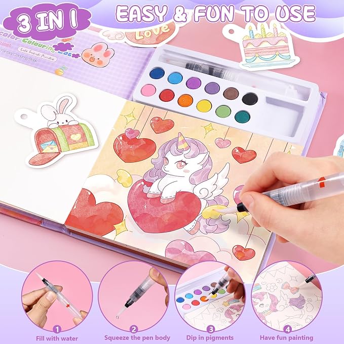 Accevo Paint with Water Coloring Books for Toddlers, Unicorn Theme Mess Free Watercolor Painting Papers for Kids Water Color Paint Kit Art and Craft Toys Birthday Christmas Gift for Ages 3-5, 4-8