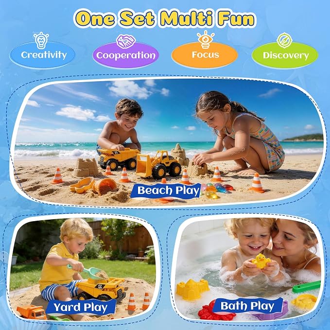 UBeesize 37 PCS Beach Toys , 3-in-1 Construction & Treasure Hunt Sand Toys with 2 Collapsible Buckets, 2 Trucks, Castle Building Kit, Sand Sifter and Shovels, Mesh Bag Sandbox Toys for Toddler 3-10