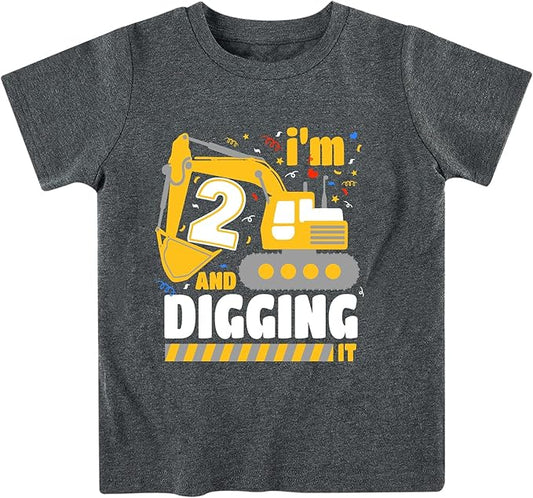 Lovekider 2-5 Years Birthday Boy Shirt Construction Party T-Shirts Excavator Cotton Short Sleeve Tee Dark Grey