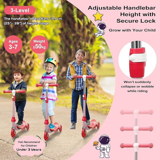 Kids Scooter - LED Light Up 3 Wheel Scooter for Kids 3-5, Adjustable Handlebar Height, Long Anti-Slip Deck,Heavy Duty Metal Scooters for Boys Girls Ages 3-5 5-7, up to 110 Lbs