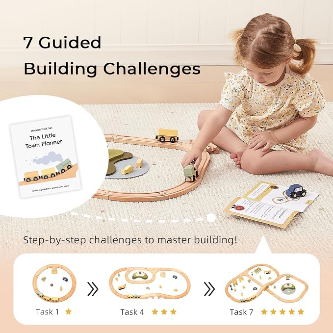 OOOK Multi-Scenario Wooden Train Set,All Wood Accessories Train Set for Toddlers 3 Years Old, Multi-Scenario Train Toy for 3 4 5 Years Old Girls & Boys