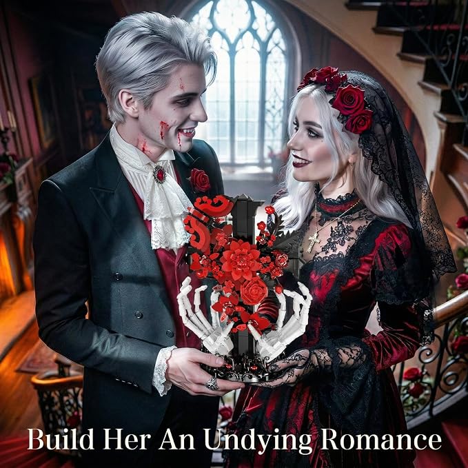 Gothic Decor Gothic Cross with Skull Hands Building Set – 8+ Halloween Decor, Bone Hands Holding Flower Cross & Butterfly, Home Office Shelf Accent, Valentine’s Day Gift for Adults(901PCS)
