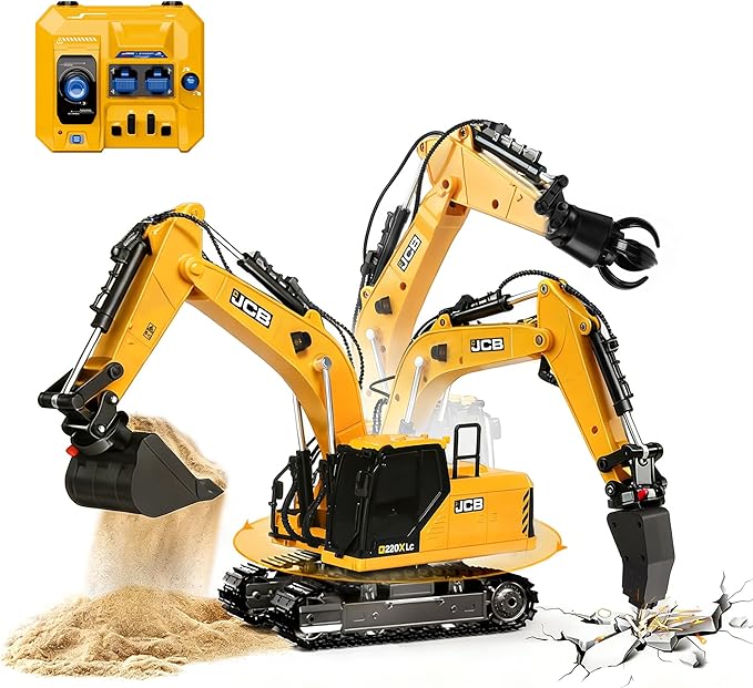 BRRRRT 3-in-1 Remote Control Excavator,14IN RC Excavator with Drill Bit, Grab Bucket & Digging Hook, JCB Official Licensed14-Channel Construction Vehicles with Lights & Sounds for Kids Ages 3+