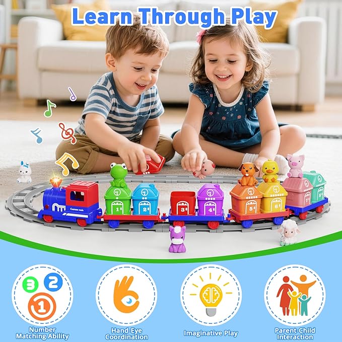 Train Set for Toddlers 2-4, Electric Toddler Train Set with Farm Animals, Music & Lights, Montessori Counting & Sorting Learning Toy, Birthday Easter for Boys Girls (Blue)