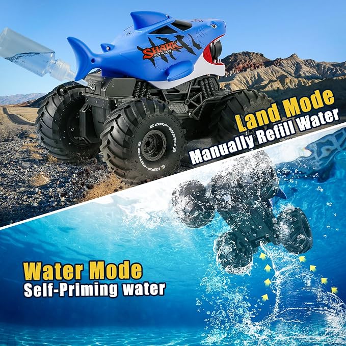 BOBXIN Amphibious Remote Control Shark Monster Truck Squirt Water,4WD All-Terrain Off-Road 2.4Ghz Waterproof RC Car Pool Water Toys for Kids Age 6+ Blue