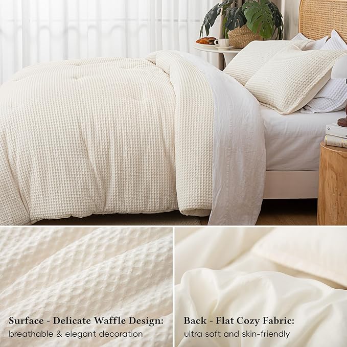 David's Home Waffle Weave Comforter Set 3PCS King Size, Soft Breathable Lightweight Cozy Skin-Friendly Warm for All Season, Elegant Aesthetic Home Decor Bedding Set with Pillow Shams, Cannoli Cream