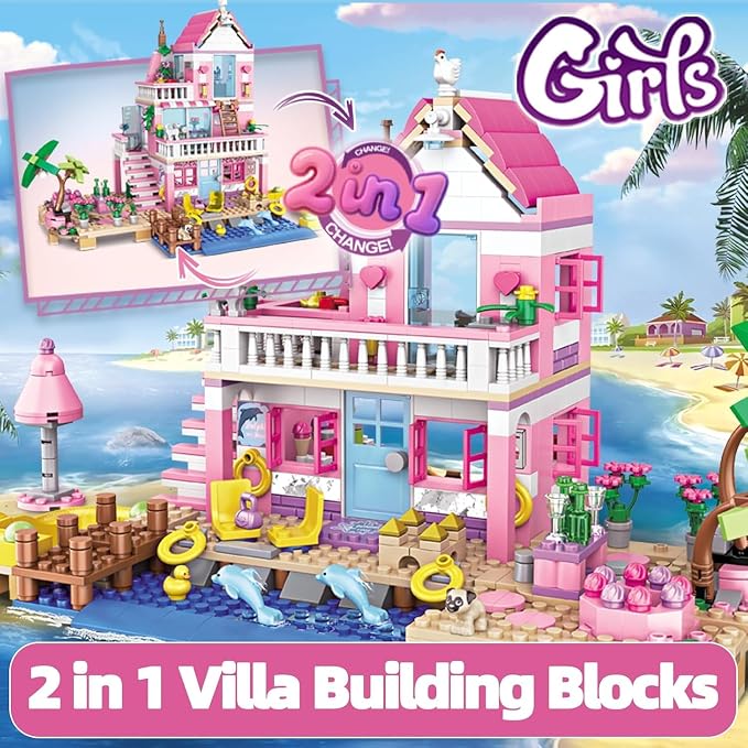 CSNRHG Pink Seaside Beach Villa Friends Building Set Friends Construction Educational Toy 822 Pieces Gifts for Girls Teens Kids Adults Ages 6+