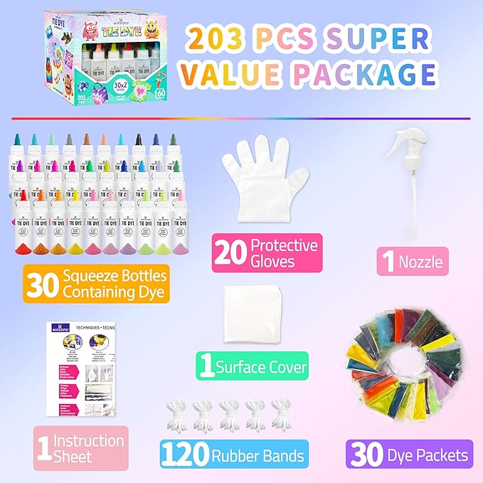 30 Colors Tie Dye Kit, Tie Dye Set for Kids, Pre-Filled Tye Dye Bottles, Non Toxic Permanent Fabric Dye Art Set, Easy DIY Fabric Art - Create Fun (30 Colors)