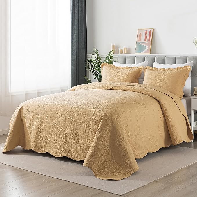 HoneiLife Queen Quilt Bedding Set - 3 Piece Microfiber Quilt Sets Lightweight Bedspreads Reversible Coverlets Retro Bed Cover Paisley Pattern Bedding Set All Season Quilts-Yellow