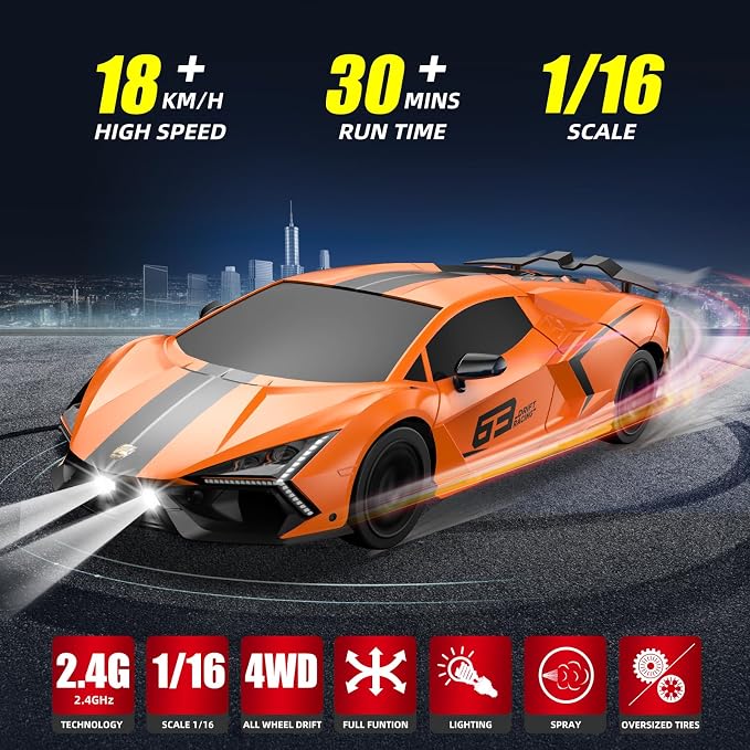 RC Drift Car, Drifting RC Car 2.4GHz 1:16 Remote Control Cars 4WD High Speed Racing Vehicle with LED Lights Two Batteries and Drifting Tires Sport Toy Cars for Adults Boys Girls Kids Orange