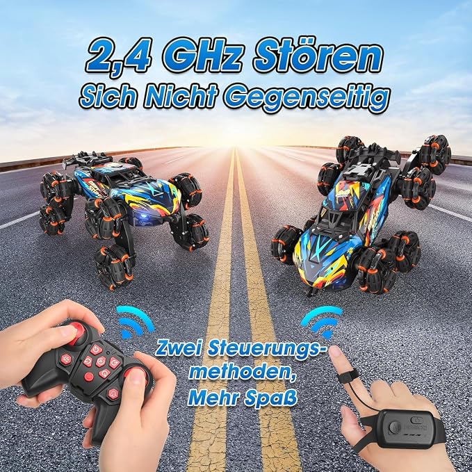 ADUSRIZ 8WD Gesture Sensing Road Stunt Car, Remote Control Cars with LED Light, Music and Spray, Drift RC Car Toys Gifts for 6-12 Years Old Boys Girls