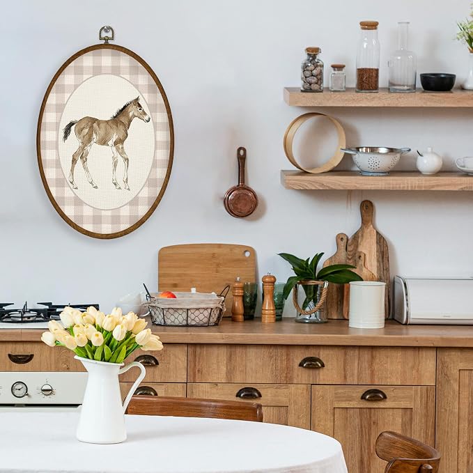 WULQYING Vintage Baby Horse Nursery Wall Art Decor, Kids Playroom Oval Framed Canvas Art Prints, Neutral Gingham Foal Horse Animal Wall Hanging Decor for Kids Toddler Room Bedroom, 8.6x11.4 Inches