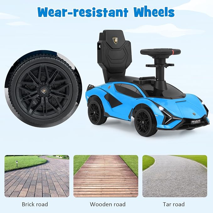 INFANS 3 in 1 Ride on Push Car, Licensed Lamborghini Baby Sliding Walking Car with Parent Control Handle, Music, USB, Headlight, Under Seat Storage, Foot-to-Floor Toy for 18-60 Months (Blue)
