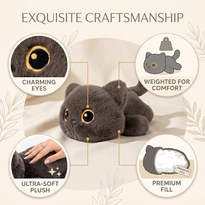 Weighted Cat Stuffed Animal, 16-Inch, 1.8 lbs Cat Plush, Cuddly Soft Plushie Pillow Gift for Kids & Adults