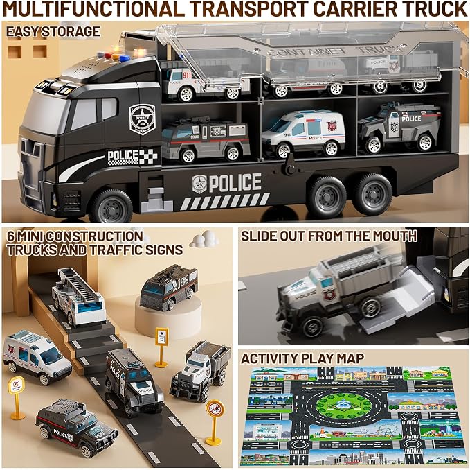 Carrier Truck Toddlers Toys for 3 4 5 6 7 Years Old Boys, Toy Truck Transport Car & Die-Cast Car and Play Mat, Police Car Toys Birthday Gifts for Kids 3 4 5 6 7 8+ Years Old Boys Girls