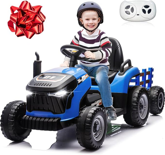 JOYRACER 24V Ride On Toys for Kids, Electric Ride on Tractor w/400W Motors, Tiltable & Detachable Trailer, Adjustable Seat, Bluetooth, Music, Remote Control Tractor Toys for Boys, Sapphire