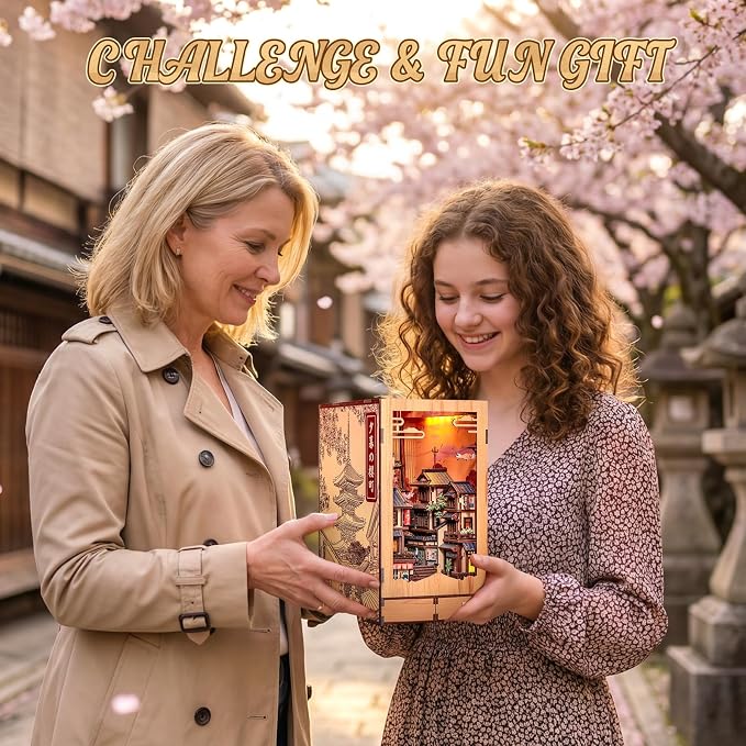 Cutefun Book Nook Kit - DIY Miniature Kyoto House Kit, 3D Wooden Puzzle 400+ Pcs Japanese Bookshelf Decor Bookend with LED, Fold-Out Cherry Blossom Alley Insert for Adults (Twilight Sakura Path)