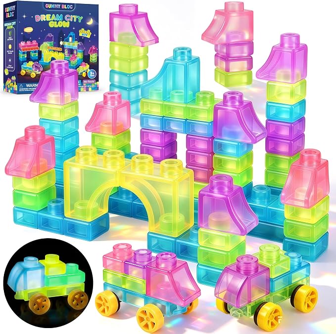 Gummy Bloc 57 PCS Soft Glow in The Dark Building Blocks for Toddlers, Dream City Glow Starter Kit, Squishy Sensory Stacking Toy with 2 Buildable Vehicles, Montessori STEM Preschool Gift for Boys Girls