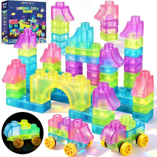 Gummy Bloc 57 PCS Soft Glow in The Dark Building Blocks for Toddlers, Dream City Glow Starter Kit, Squishy Sensory Stacking Toy with 2 Buildable Vehicles, Montessori STEM Preschool Gift for Boys Girls