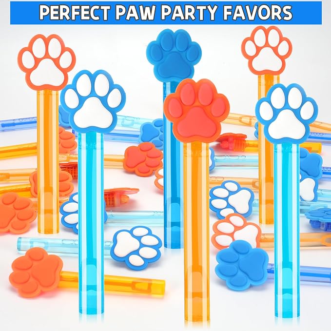24Pcs Blue Orange Dog Paw Bubble Wands for Kids Paw Party Favors Supplies Decorations, Pinata Goodie Bag Stuffers & Classroom Prizes