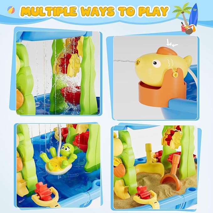 Kids Sand Water Table for Toddlers with Umbrella/Water Pumb, 3-Tier Outdoor Water Sand Play Table Beach Toys, Summer Splash Activity Sensory Table Party Birthday Gift for Kids 3 4 5 6 7 8